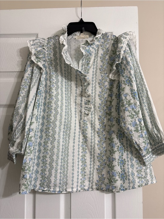 entro Tops - Entro White Floral Ruffle Neck Blouse with Blue and Green Floral Print Women